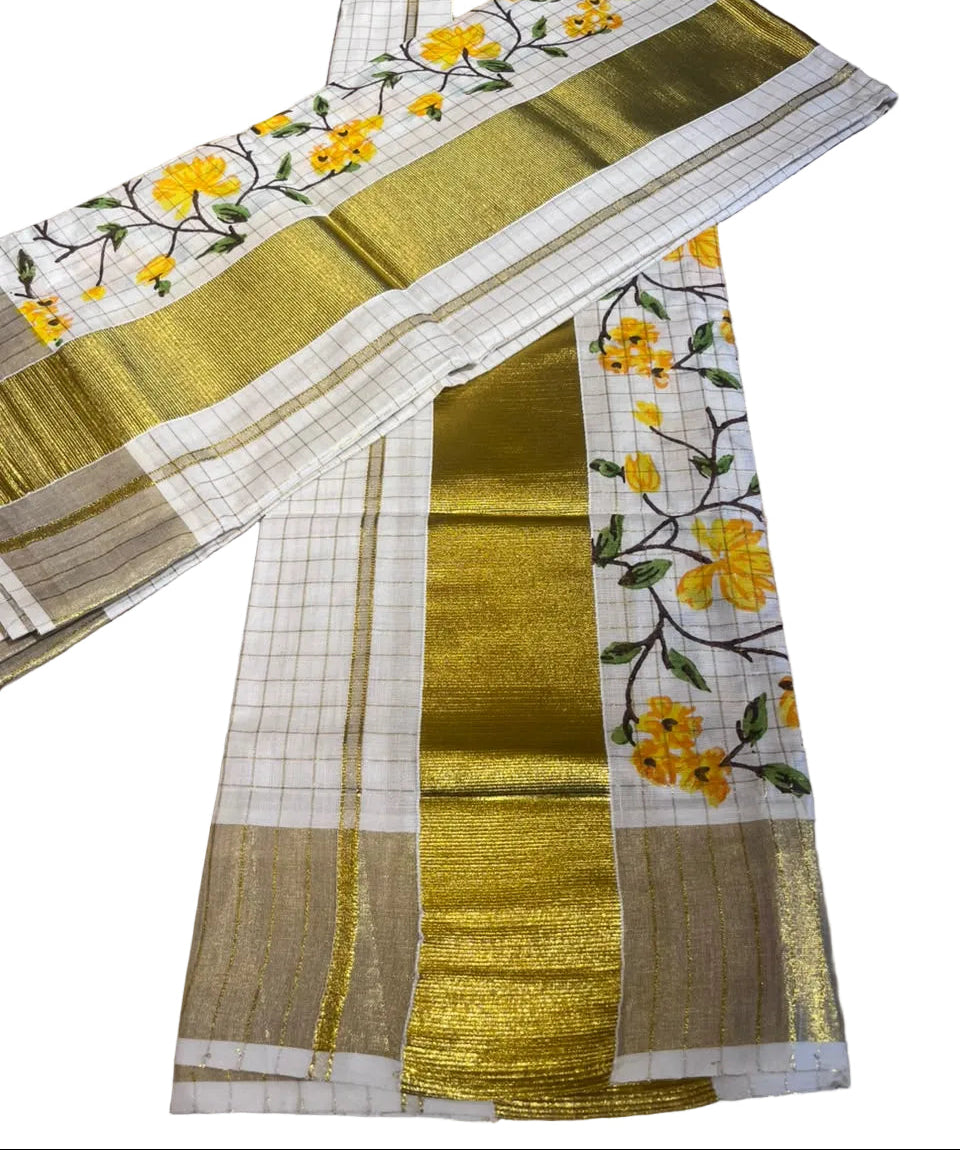 Southloom Kerala Check Pure Cotton Set Mundu with Gold Kasavu And Block Prints Across Body SL563
