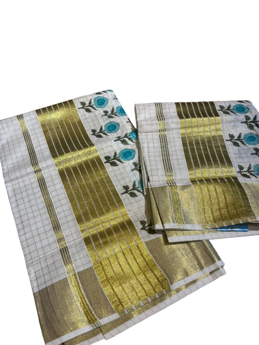 Southloom Kerala Check Pure Cotton Set Mundu with Gold Kasavu And Block Prints Across Body SL563