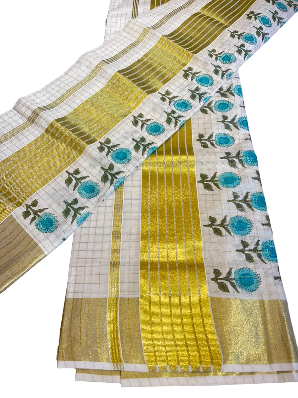 Southloom Kerala Check Pure Cotton Set Mundu with Gold Kasavu And Block Prints Across Body SL563