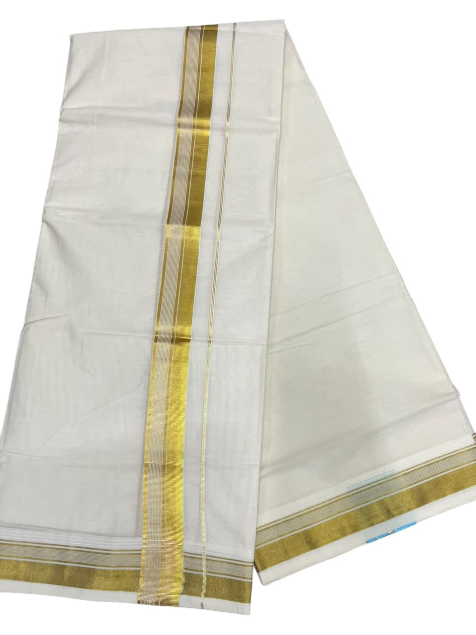 Southloom Kerala Pure Cotton Double Mundu with Gold Kasavu Lines Border (South Indian Dhoti)