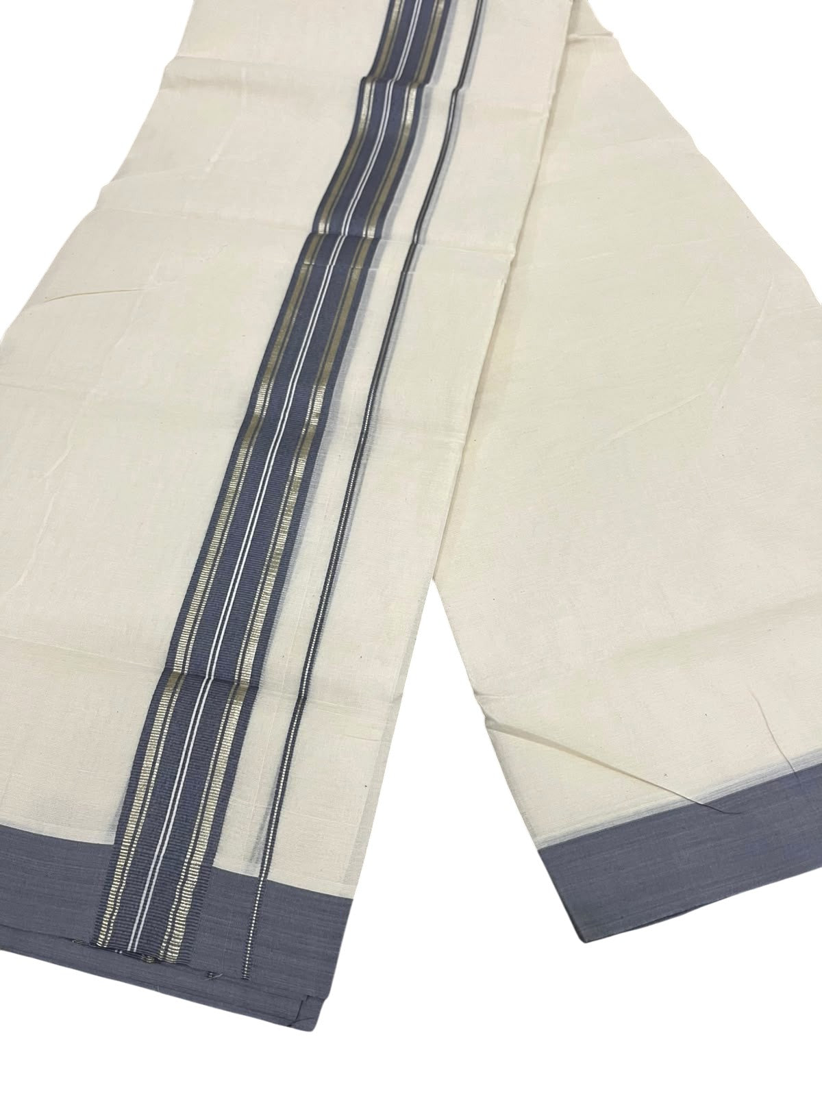Southloom Pure Cotton Mundu with Golden Lines and Grey Border (South Indian Kerala Dhoti)