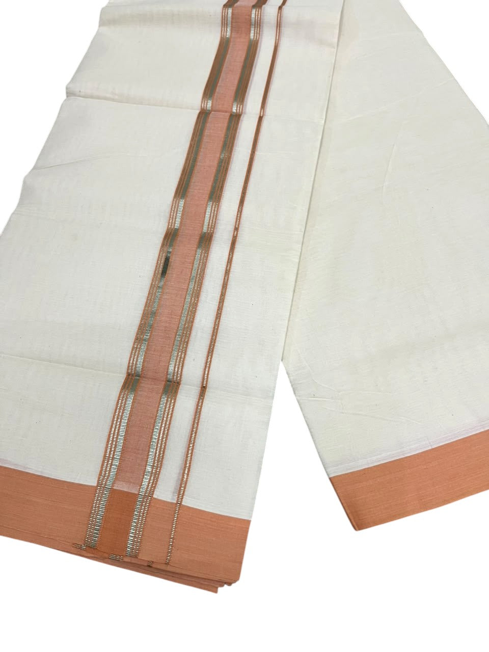 Southloom Pure Cotton Mundu with Golden Lines and Orange Border (South Indian Kerala Dhoti)