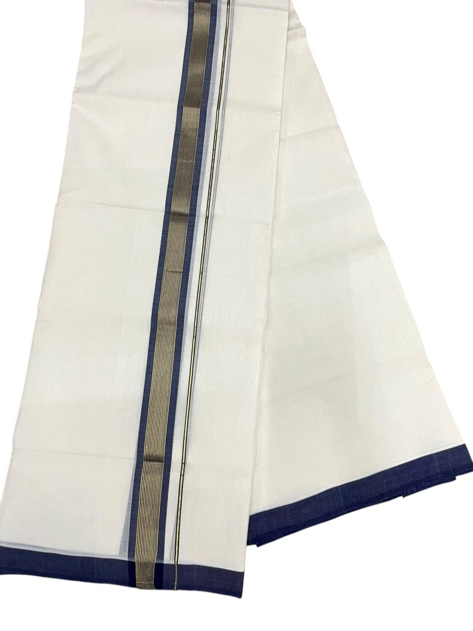 Southloom Balaramapuram Unakkupaavu Premium Handloom Cotton Double Mundu with Gold Kasavu and Blue Border