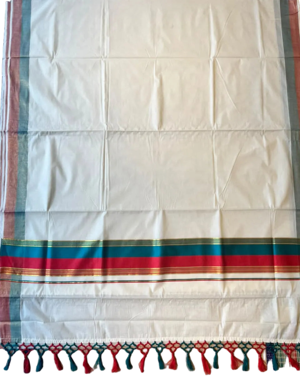 Kerala Cotton Kasavu Saree With Green And Red Borders SL499