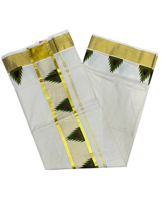Southloom Cotton Kerala Kasavu Saree with Temple Digital Print In Olive Green and purple With Borders SL369