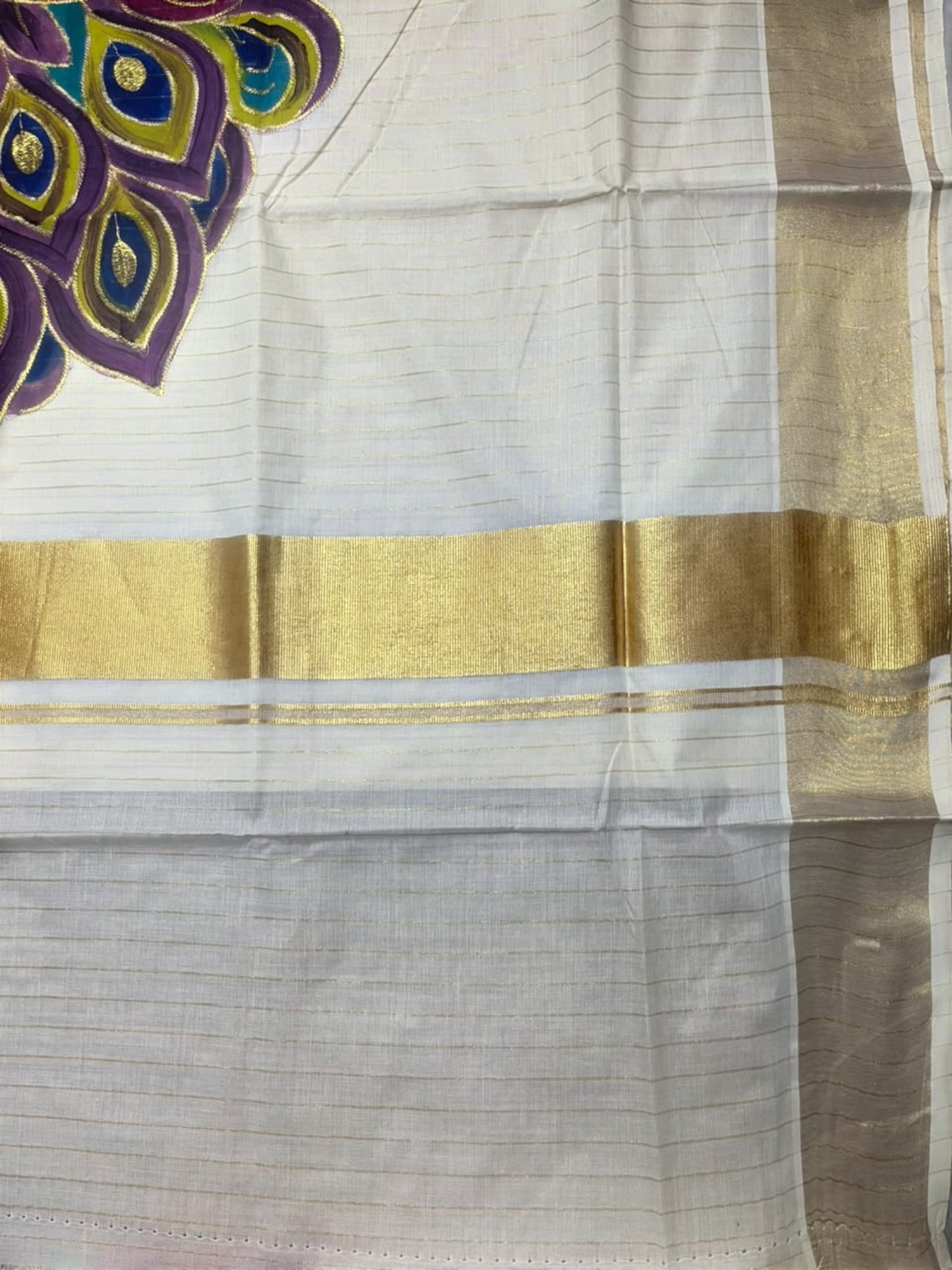 Kerala Cotton Lines Saree With Violet & Yellow Peacock Design SL161