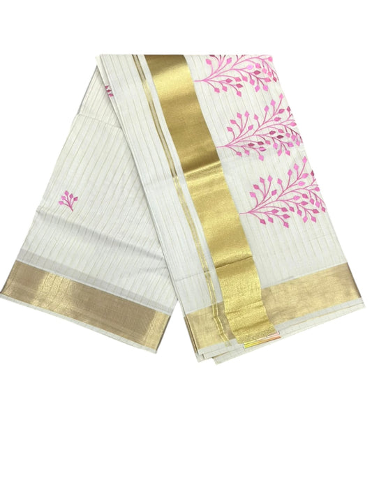 Kerala Southloom Cotton Lines Saree With Pink Embroidery Design & Kasavu Border SL135