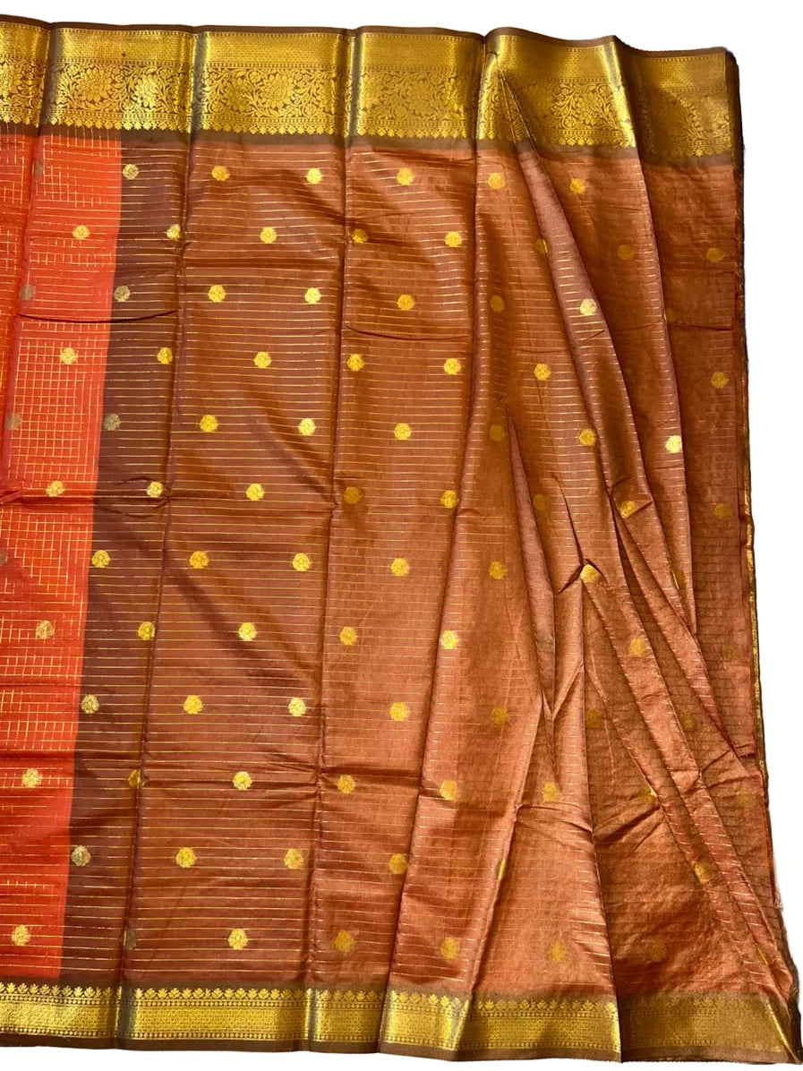 Orange and Brown Colour Semi Silk Saree With Check Design SL634