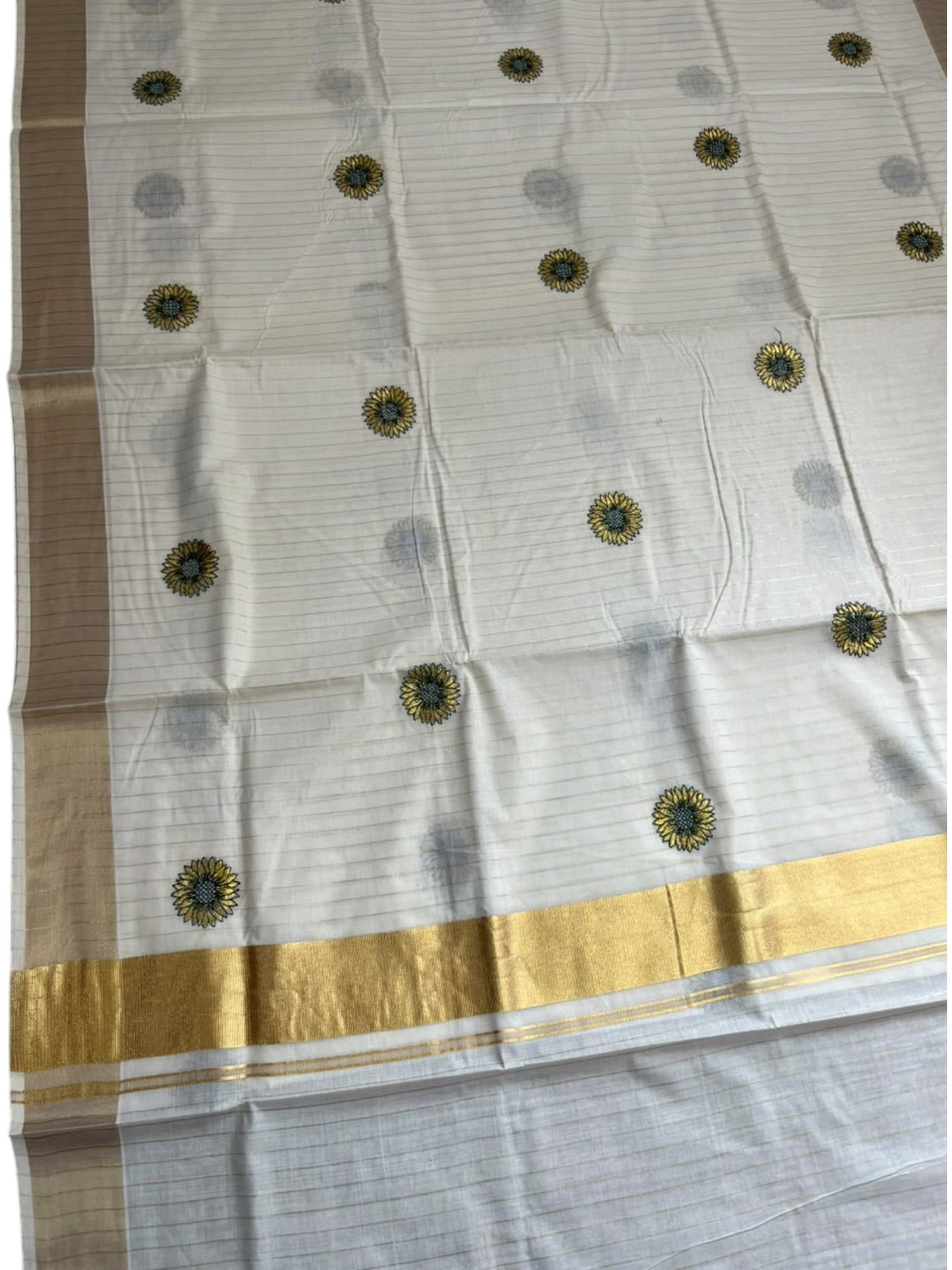 Southloom Cotton Kerala Kasavu Lines Saree With Embroidery Work On Body SL314
