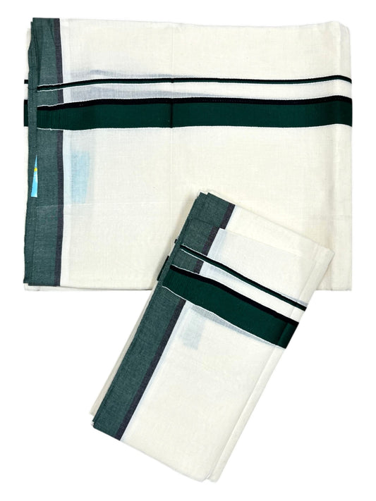 Southloom Pure Cotton Kerala Single Set Mundu (Mundum Neriyathum) Dark Green & Black Border