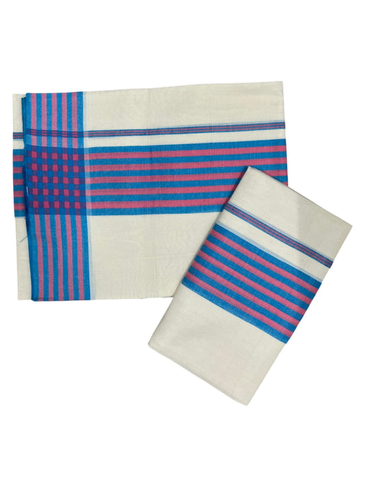 Southloom Pure Cotton Kerala Single Mulloth Set Mundu (Mundum Neriyathum) Blue & Pink Border in 2.50 mtrs SL243