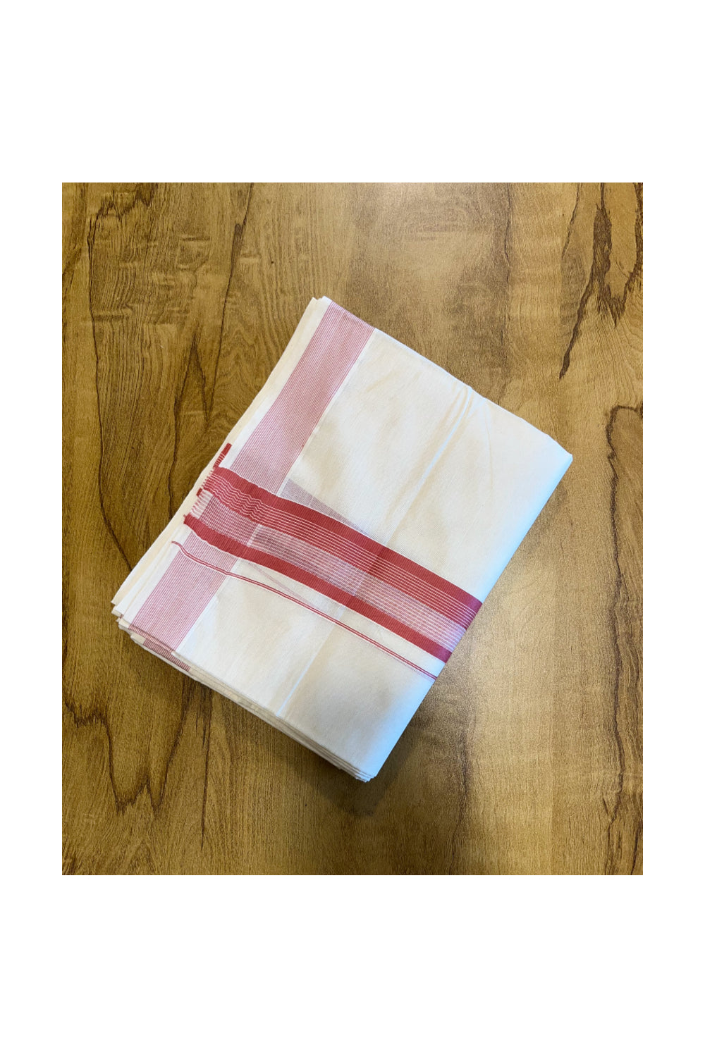 Pure Cotton Mundu with White Lines and Pink Border (South Indian Kerala Dhoti)