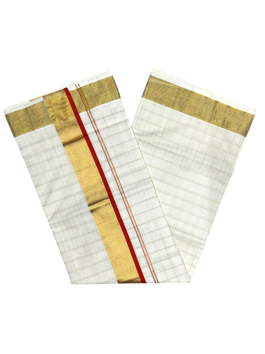 Southloom Pure Cotton Kerala Kasavu Woven Check Saree with Orange Border