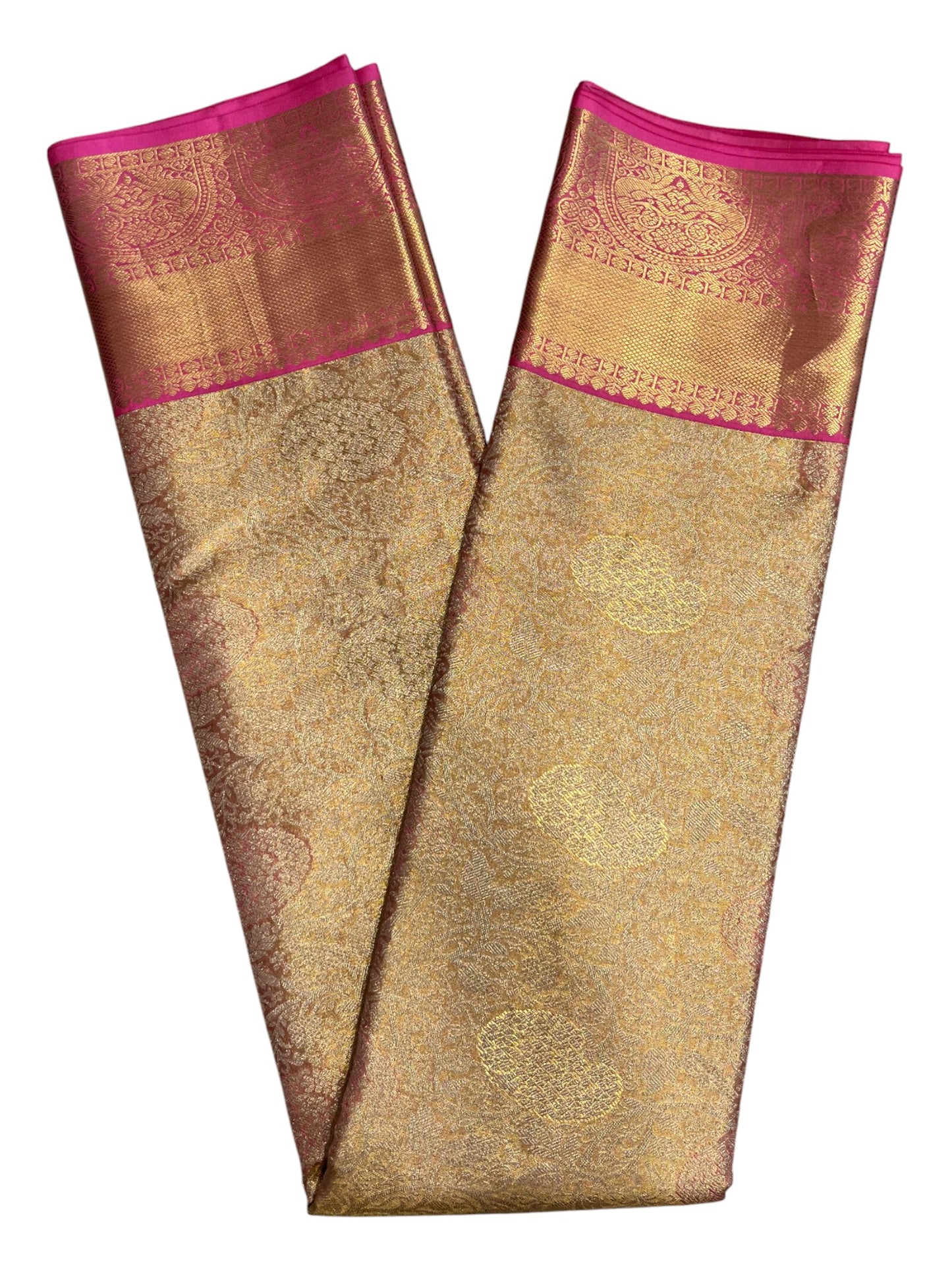 Southloom Premium Handloom Bridal Kanchipuram Silk Saree with Korvai Work (Beige & Pink)