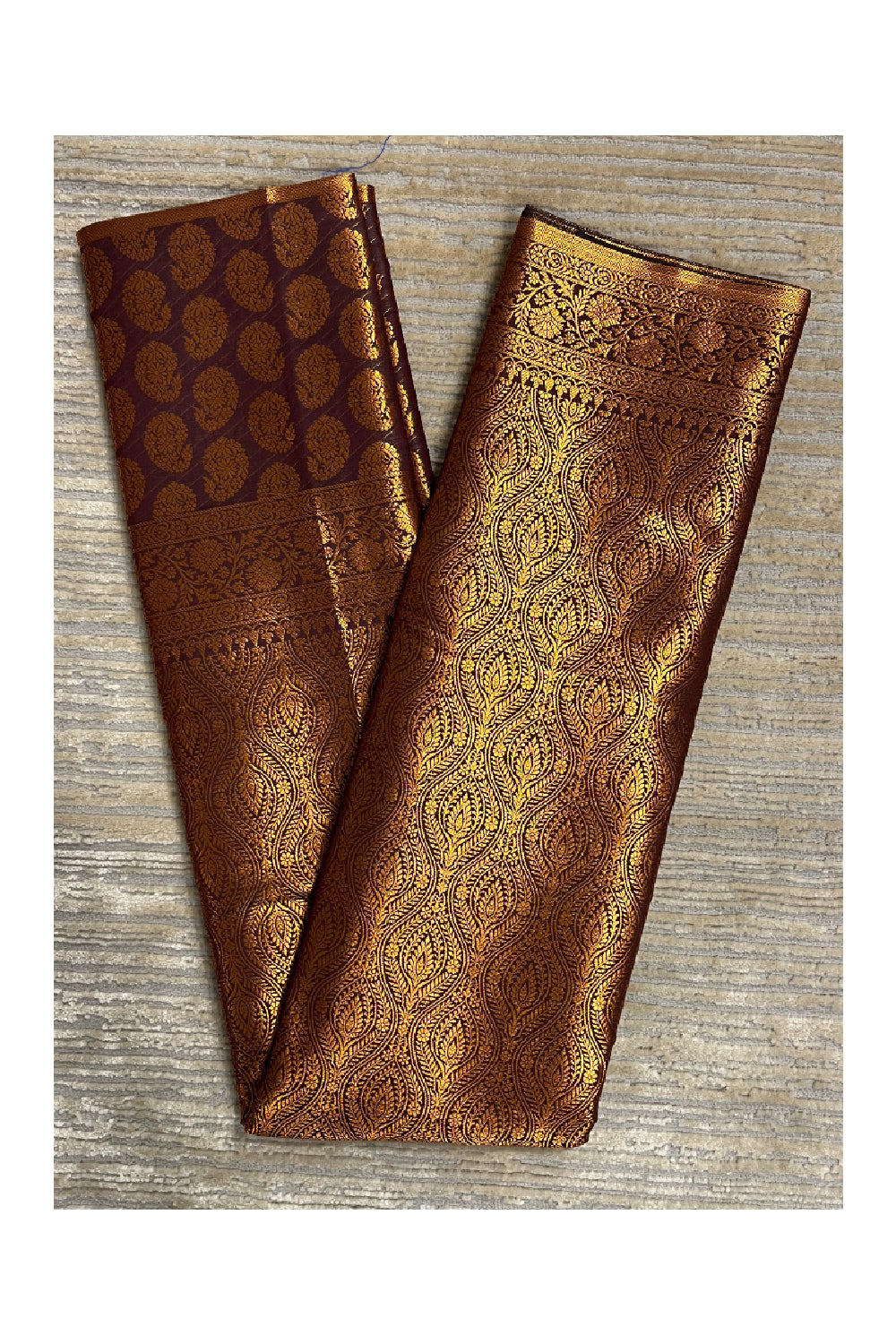 Southloom Banarasi Silk Brocade Bridal Saree WIth Woven Borders And Blouse Piece in Brown And Gold