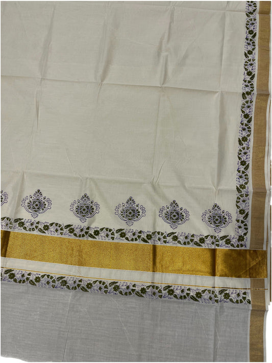 Southloom Cotton Kerala Kasavu Saree with Green Block Prints On Border
