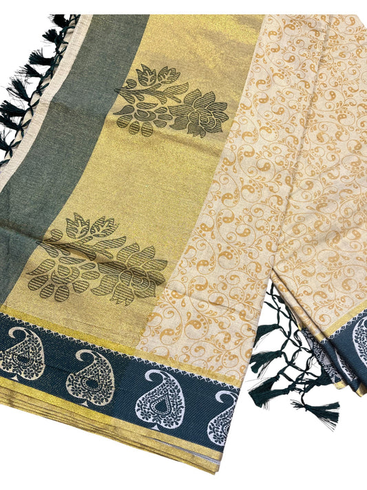 Southloom Kerala Tissue Kasavu Printed Saree with Green Floral Embroidery Works and Tassels