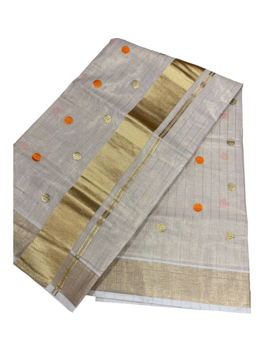 Southloom Kerala Tissue Kasavu Saree with Gold& Orange Polka Embroidery Works on Body