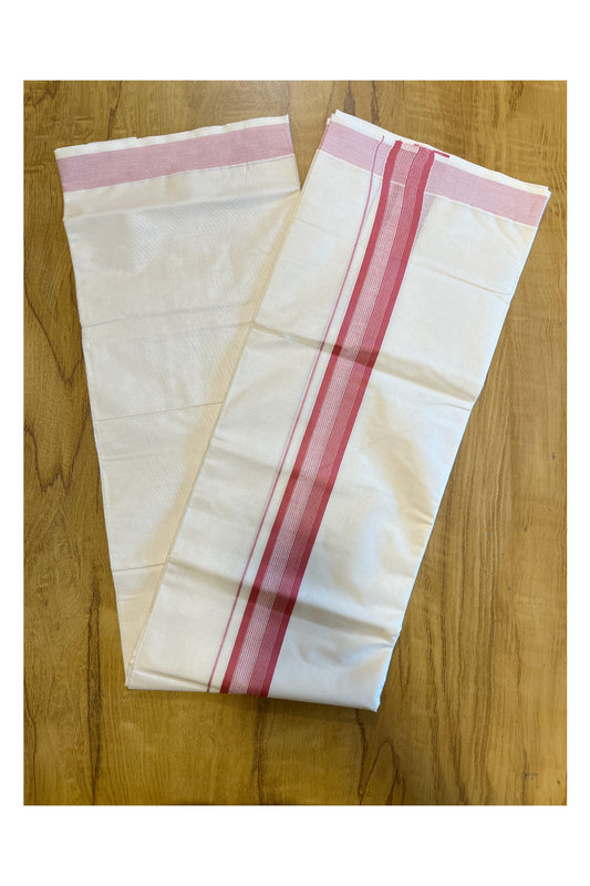 Pure Cotton Mundu with White Lines and Brick Red Border (South Indian Kerala Dhoti)