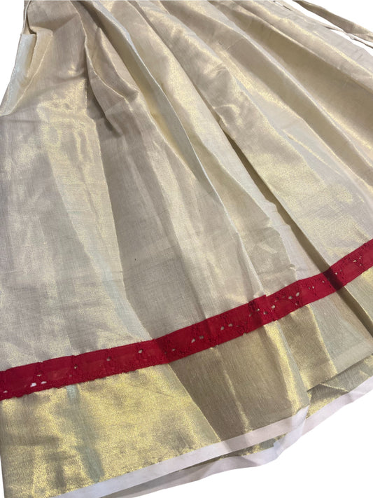 Southloom Kerala And Red Tissue Kasavu Pavada Blouse with Embroidery Work for Kids (Age 5)