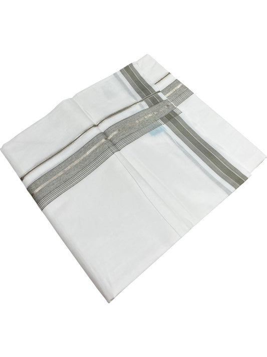 Southloom Kerala Pure White Cotton Double Mundu with Silver Line & Olive Green Border (South Indian Dhoti)