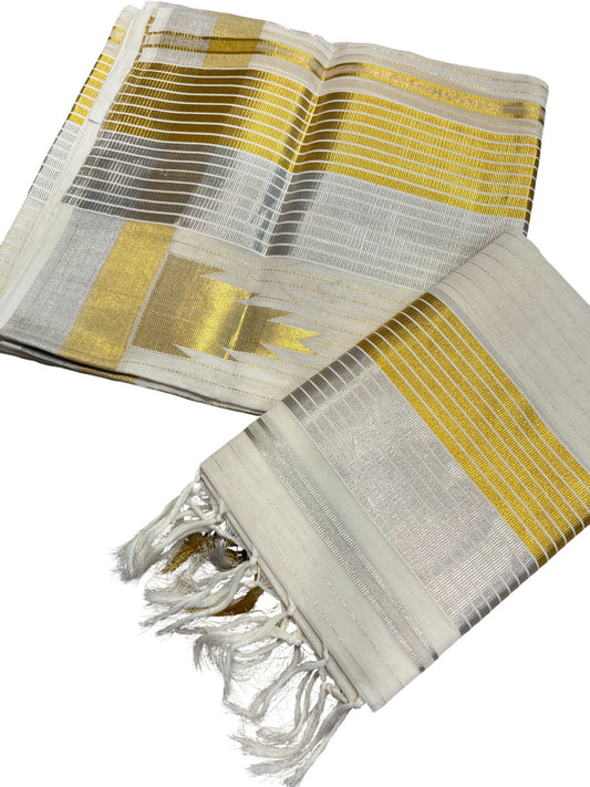 Southloom Premium Balaramapuram Handloom Set Mundu with Silver and Gold Lines Design on Kara