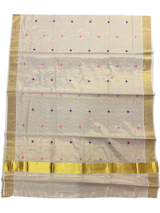 Kerala Tissue Kasavu Saree with Pink and Purple Polka with Embroidery Works