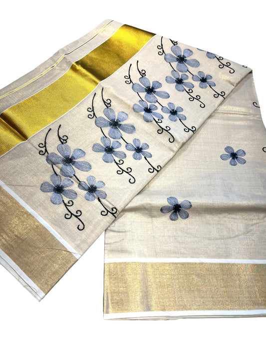 Southloom Kerala Tissue Kasavu Saree with Lavendar Floral Embroidery on Body and Border