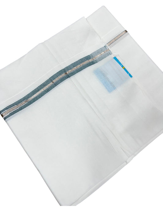 Southloom Pure White Cotton Double Mundu with Silver Lines and Green Chuttikara Border (South Indian Dhoti)