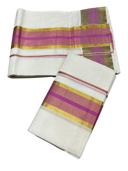 Kerala Cotton Set Mundu (Mundum Neriyathum) with Pink and Kasavu Border 2.80 Mtrs