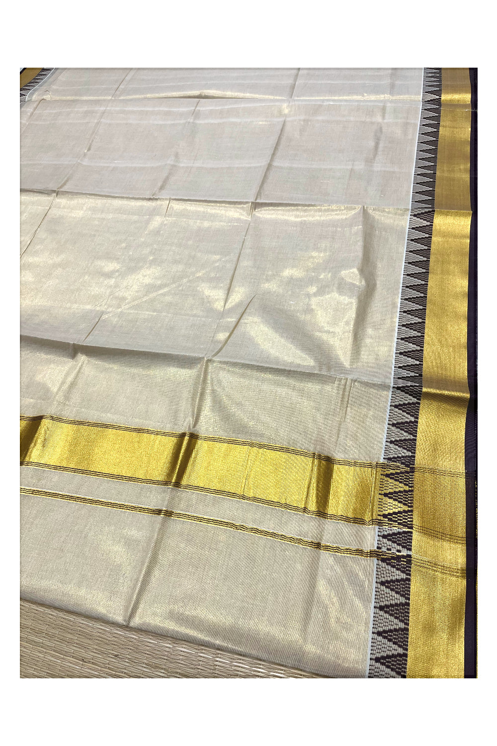 Southloom Kerala Tissue Saree with Kasavu and Brown Temple Woven Designs on Border
