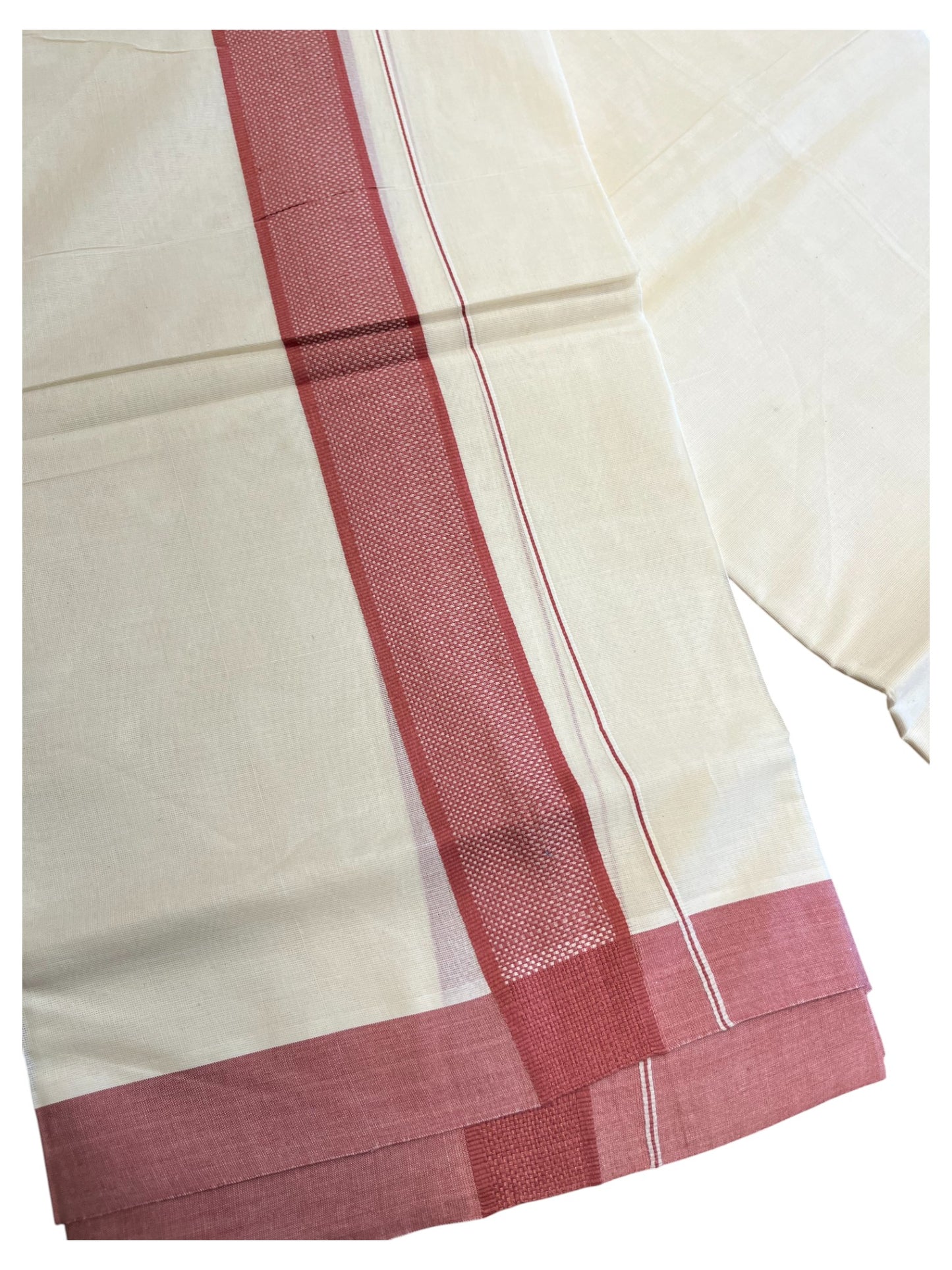 Southloom Kerala Pure Cotton Double Mundu with Brick Red Border (South Indian Dhoti)
