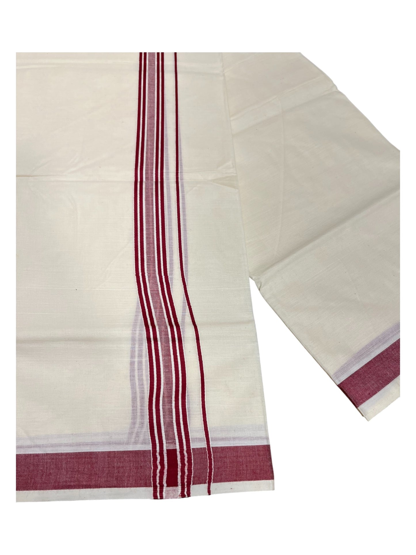 Southloom Pure Cotton Double Mundu With White Lines & Maroon Border (South Indian Kerala Dhoti)