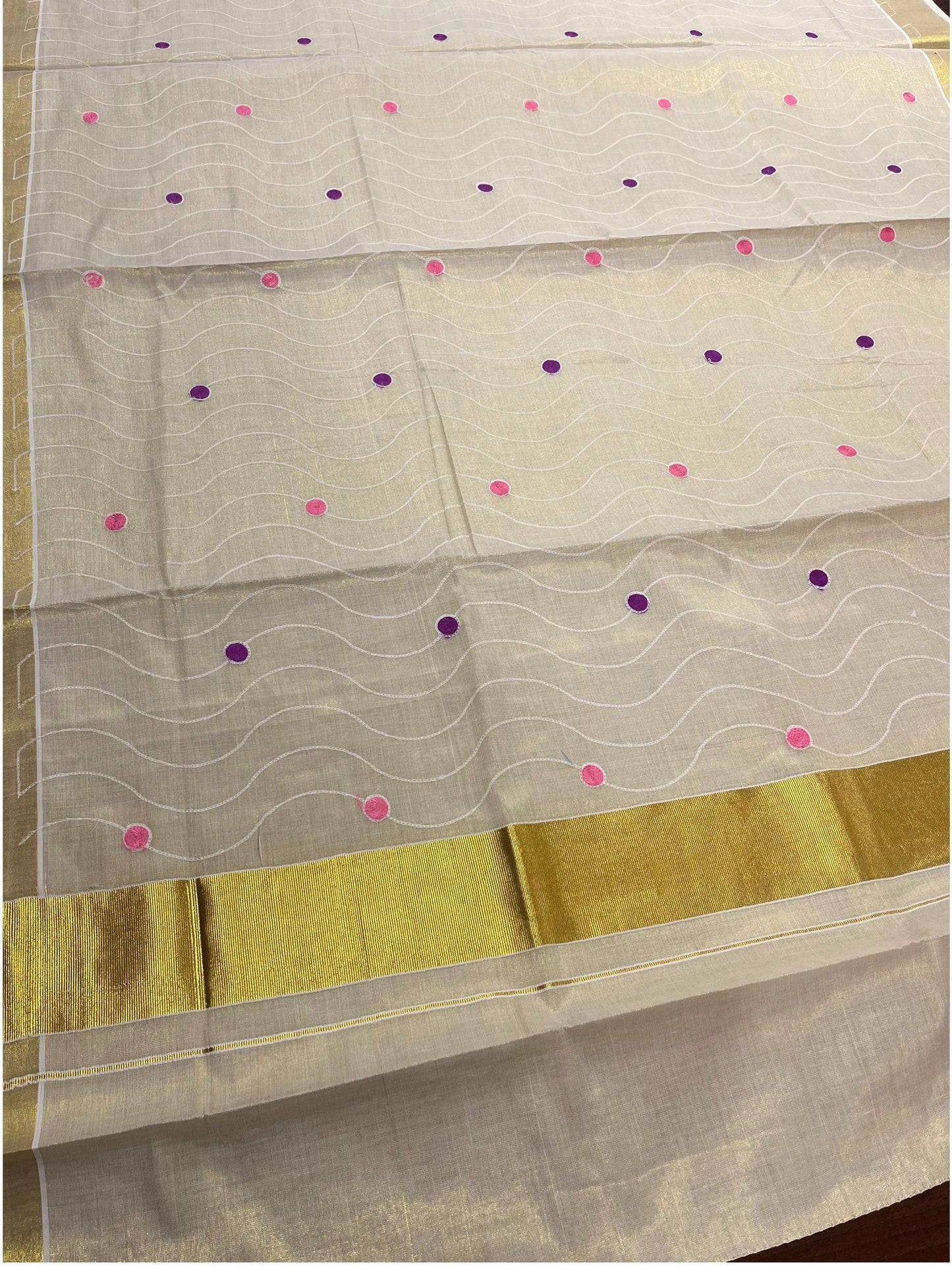 Kerala Tissue Kasavu Saree with Pink and Purple Polka with Embroidery Works
