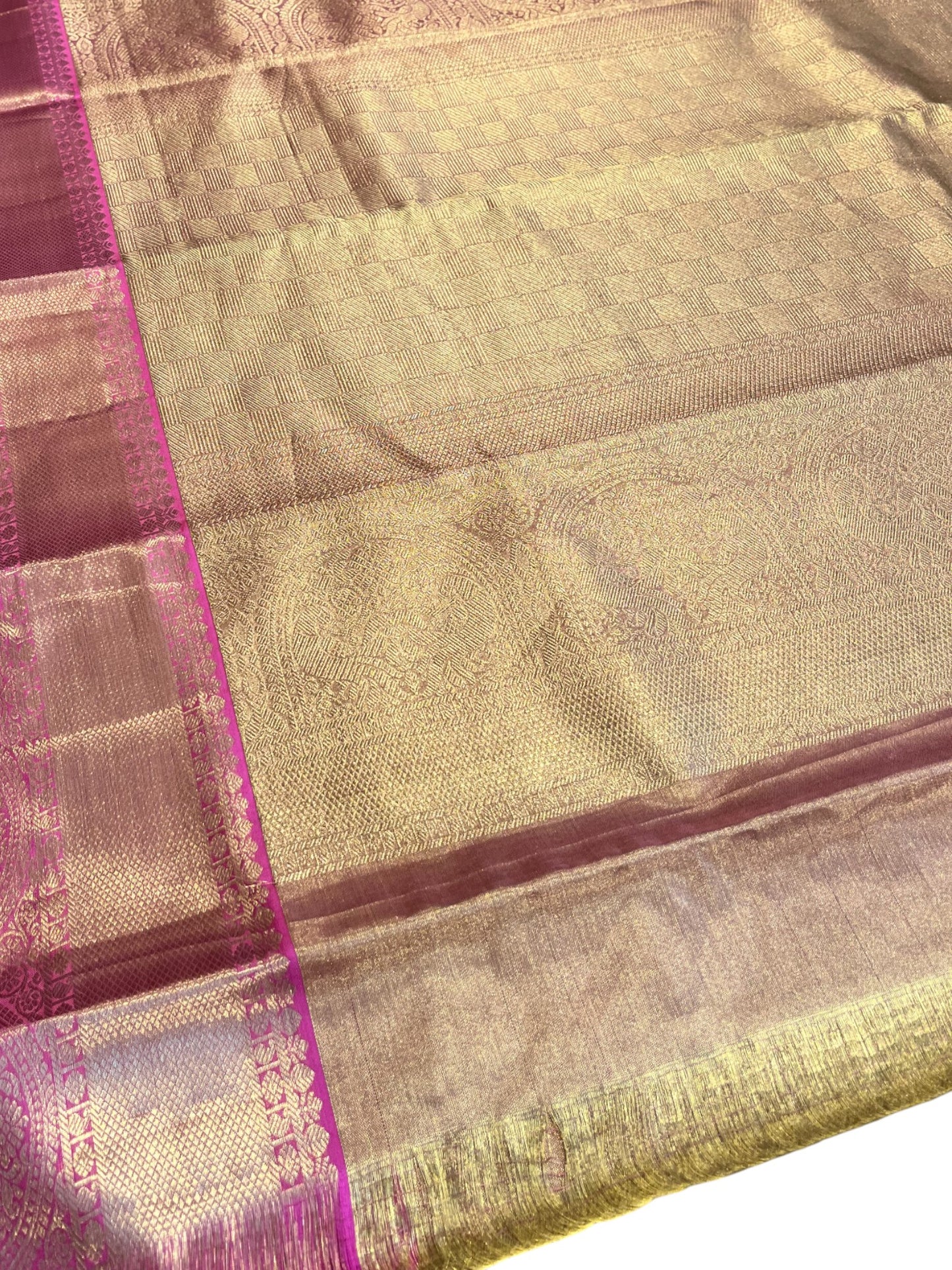 Southloom Premium Handloom Bridal Kanchipuram Silk Saree with Korvai Work (Beige & Pink)