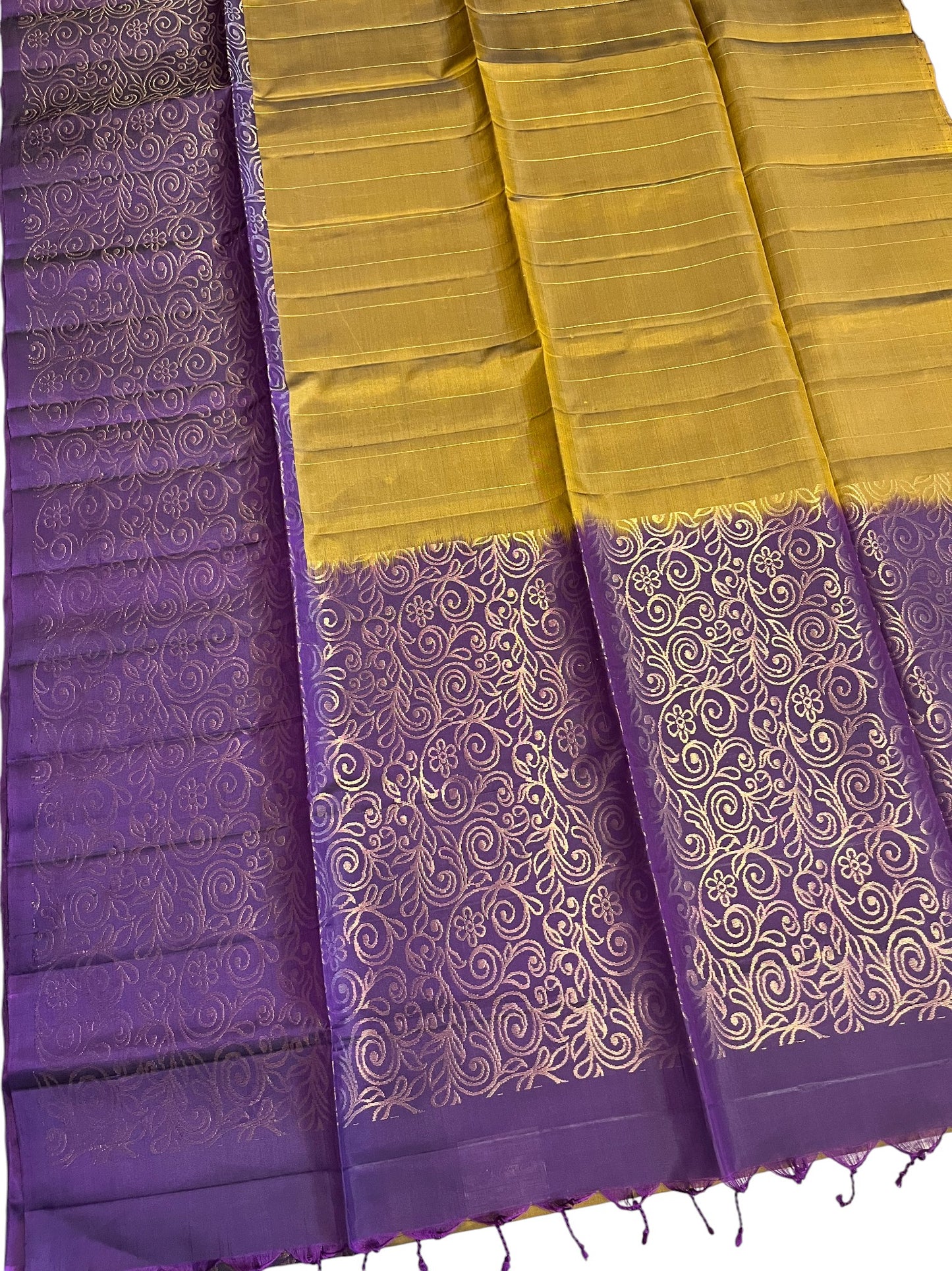 Southloom Pure Handloom Bridal Kanchipuram Silk Saree with Korvai Work (Violet & Yellow)