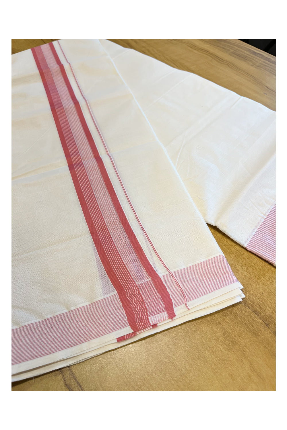 Pure Cotton Mundu with White Lines and Pink Border (South Indian Kerala Dhoti)