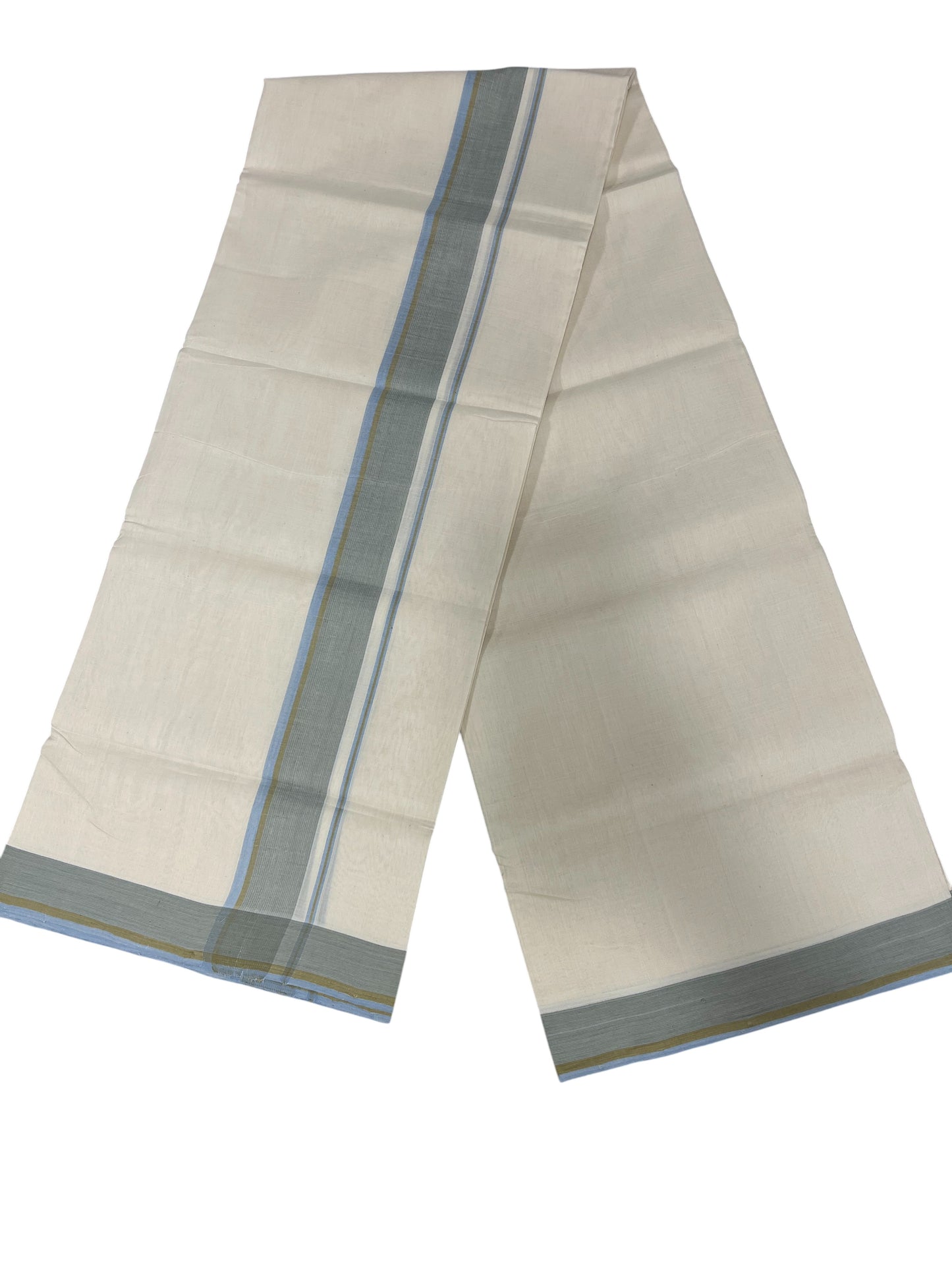 Southloom Premium Handloom Cotton Double Mundu with Blue Grey Border