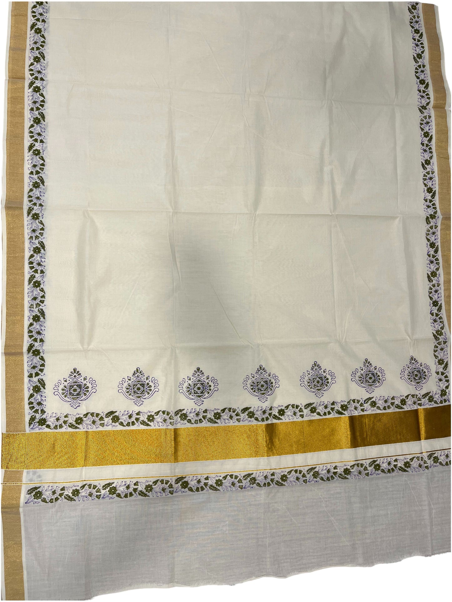 Southloom Cotton Kerala Kasavu Saree with Green Block Prints On Border