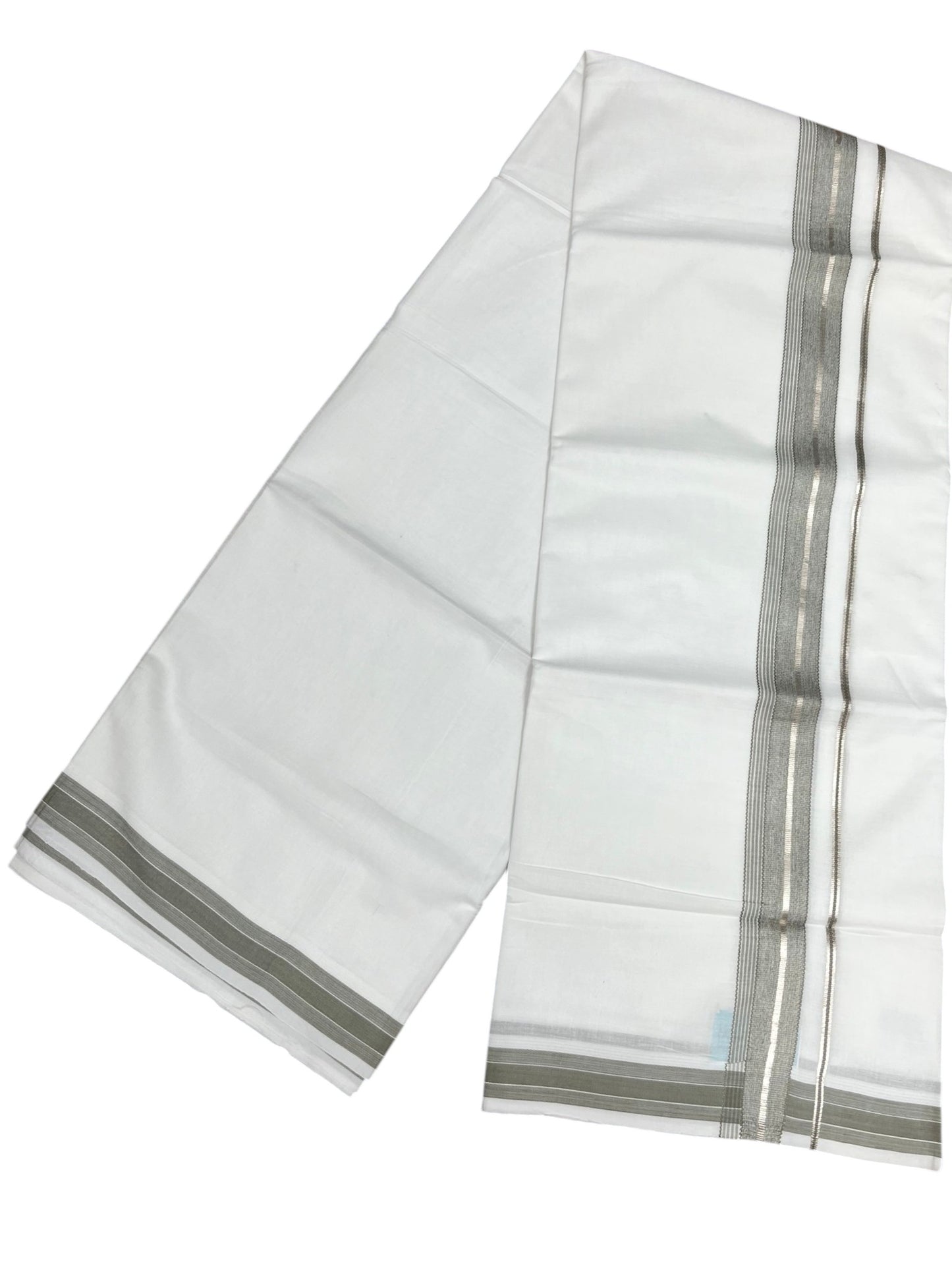 Southloom Kerala Pure White Cotton Double Mundu with Silver Line & Olive Green Border (South Indian Dhoti)