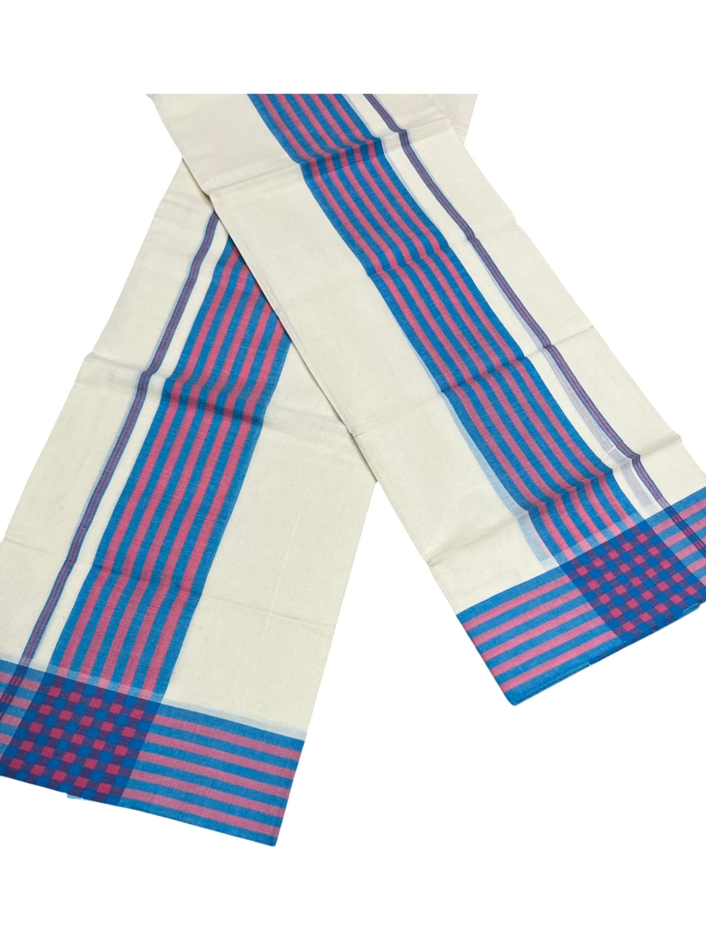 Southloom Pure Cotton Kerala Single Mulloth Set Mundu (Mundum Neriyathum) Blue & Pink Border in 2.50 mtrs SL243