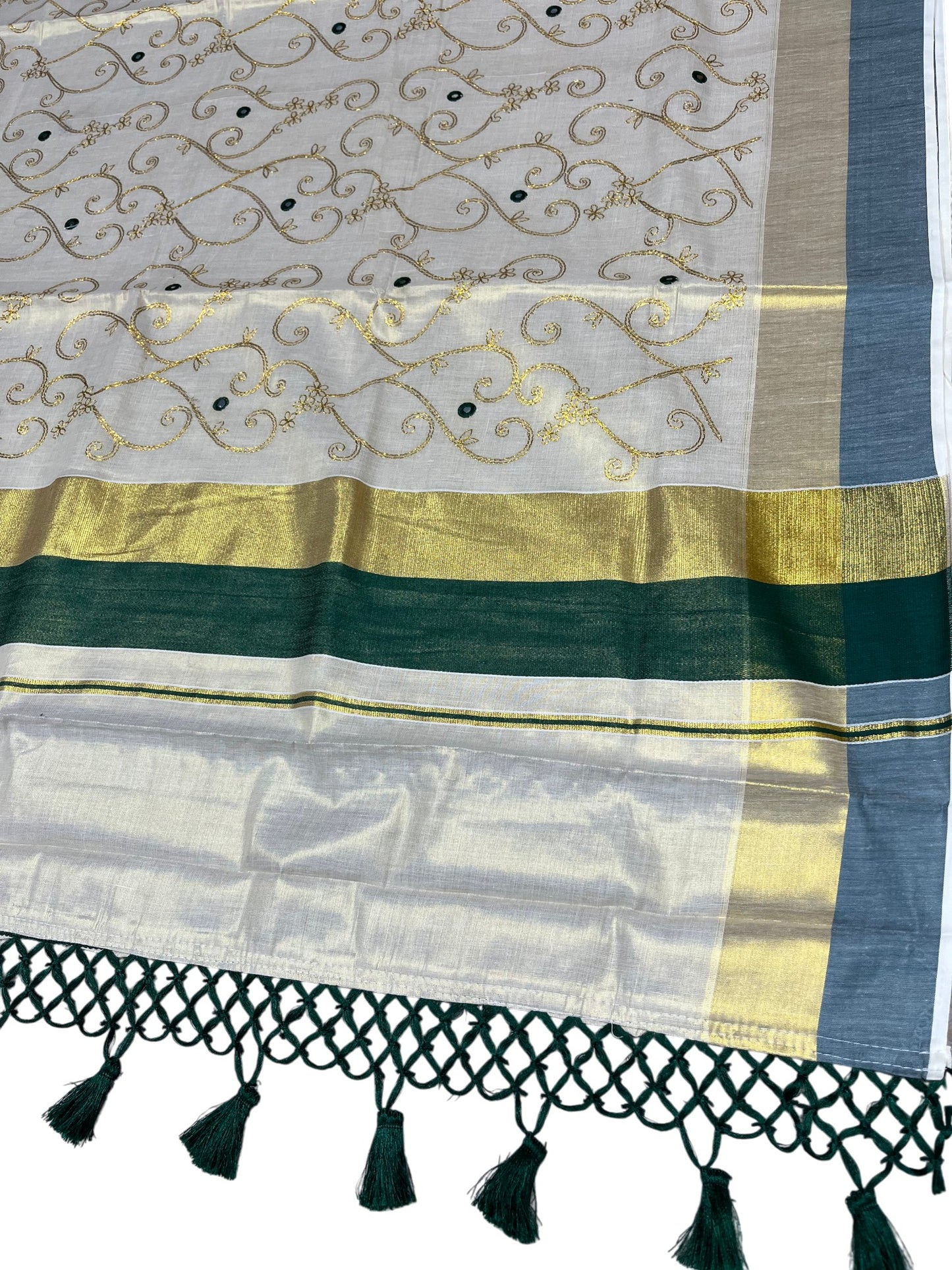 Kerala Tissue Kasavu Stripes Saree with Gold and Green Floral Embroidery Design on Body SL269