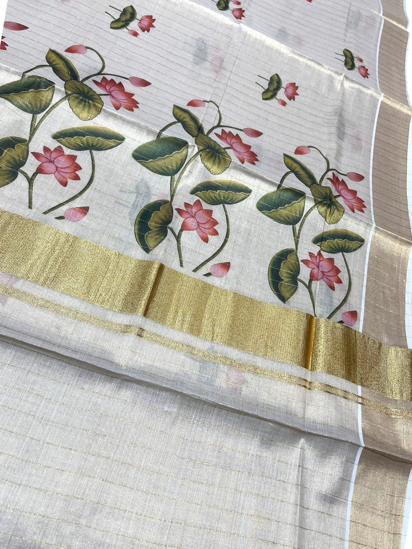 Southloom Kerala Tissue Kasavu Stripes Saree with Lotus Digital Prints on Body