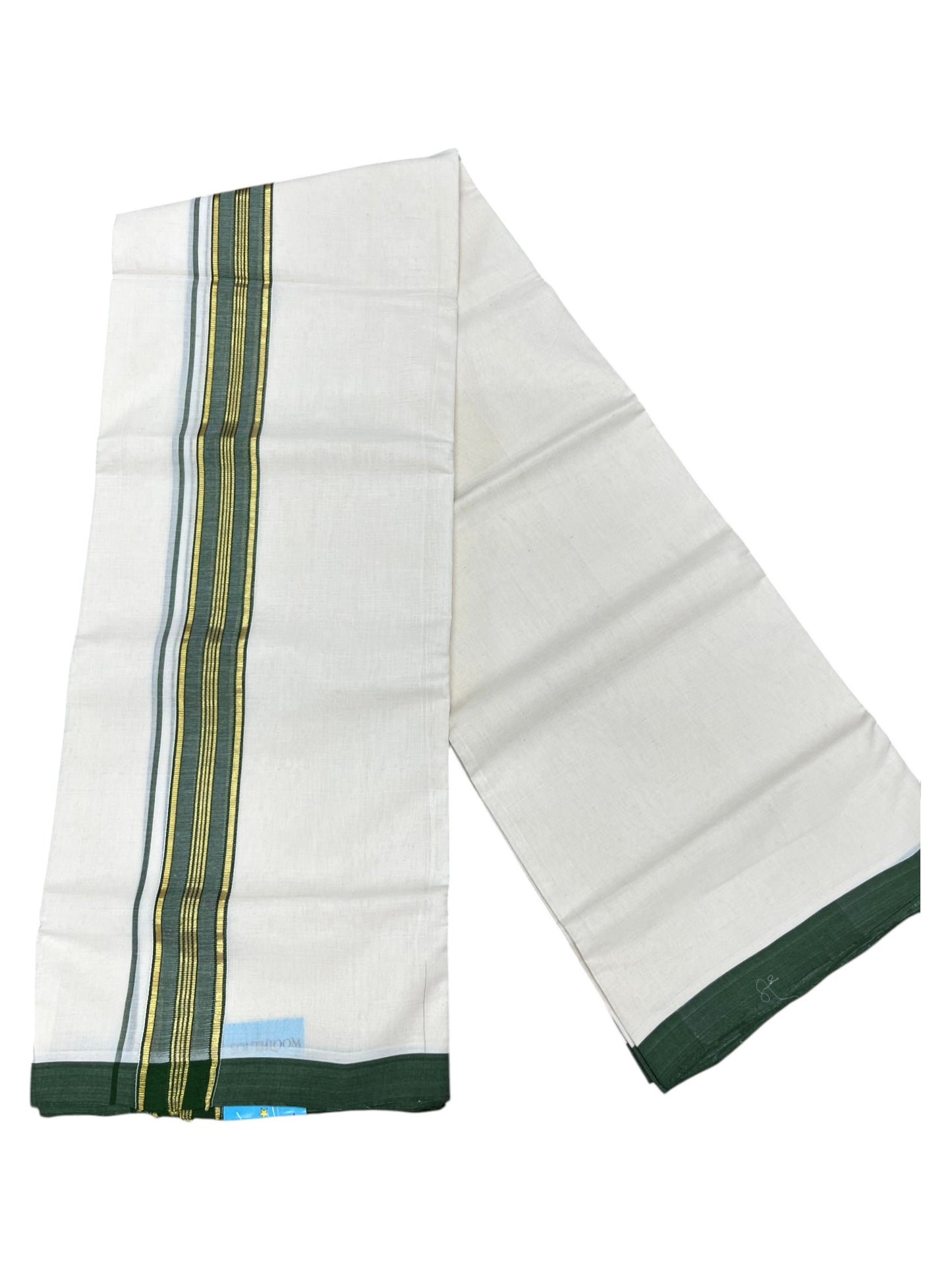 Southloom Balaramapuram Premium Handloom Cotton Double Mundu with Gold Kasavu and Green Border