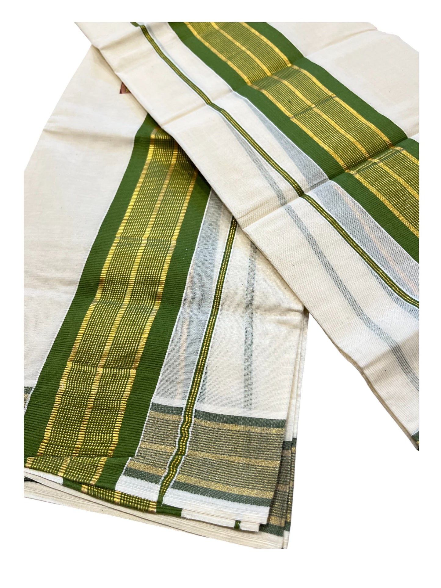 Kerala Cotton Set Mundu (Mundum Neriyathum) with Kasavu and Green Border