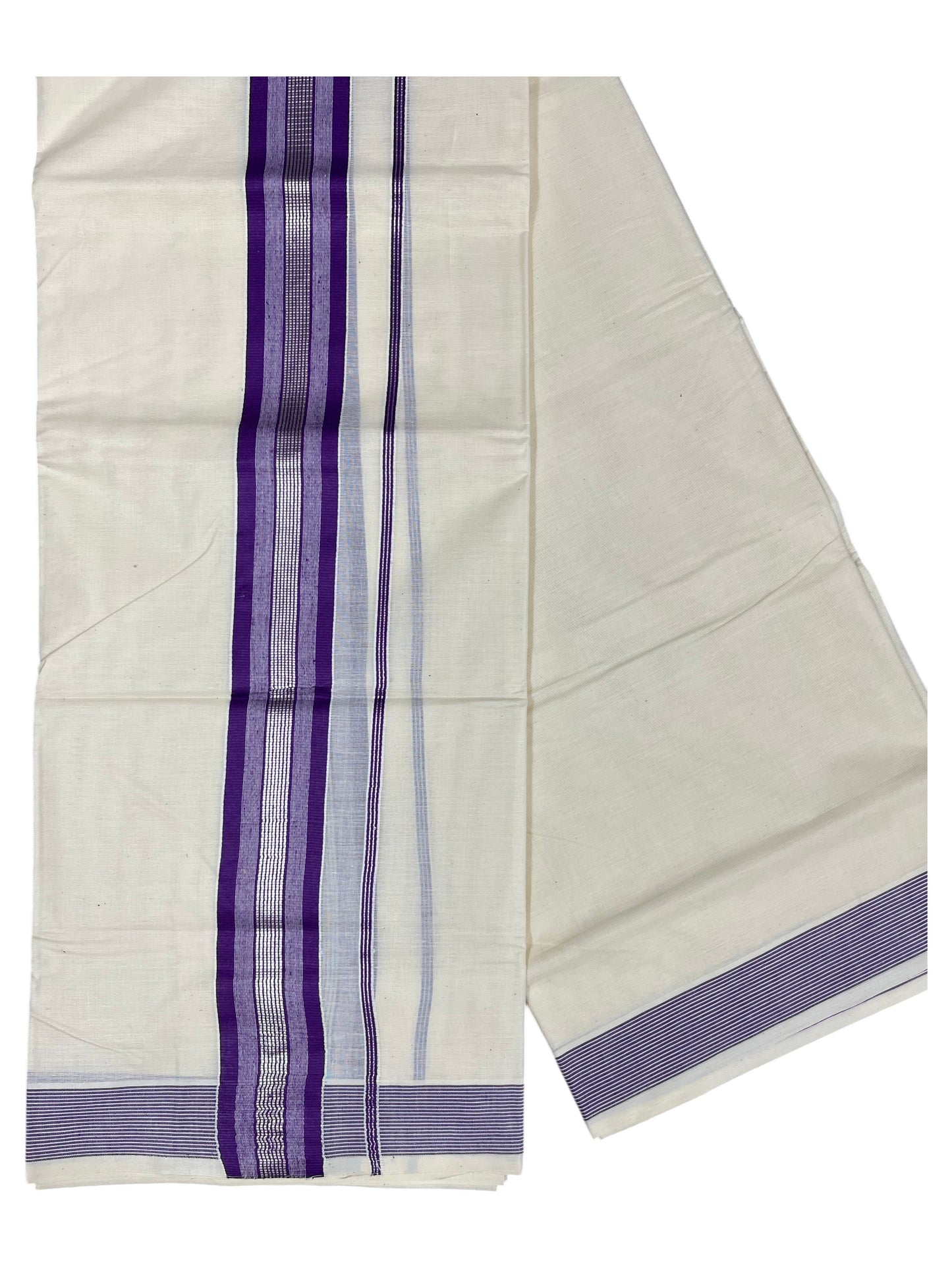Southloom Pure Cotton Mundu with Silver Lines and Violet Border (South Indian Kerala Dhoti)