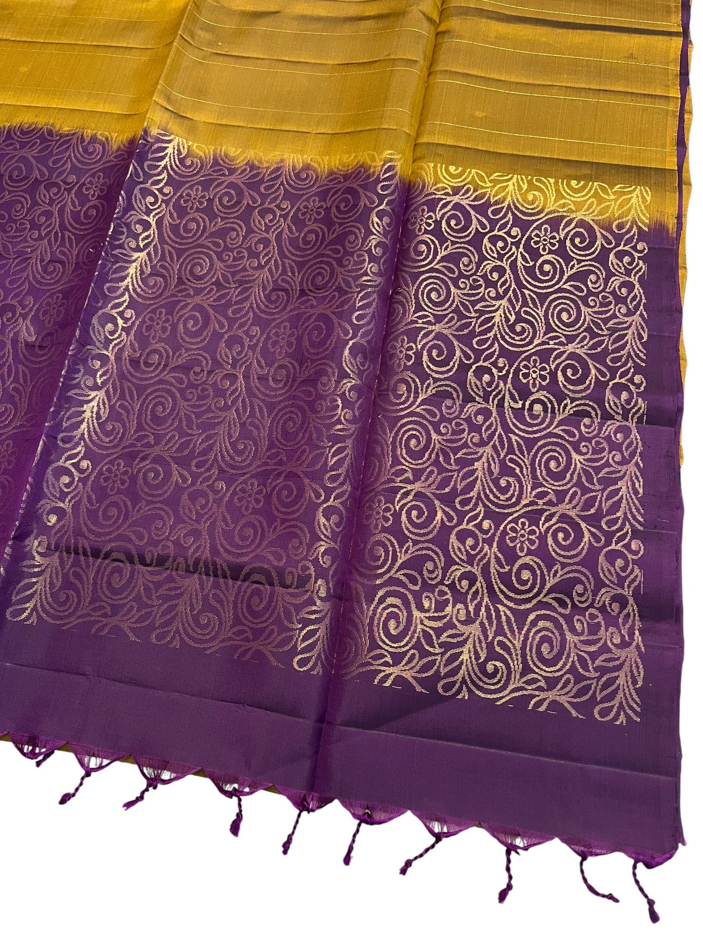 Southloom Pure Handloom Bridal Kanchipuram Silk Saree with Korvai Work (Violet & Yellow)