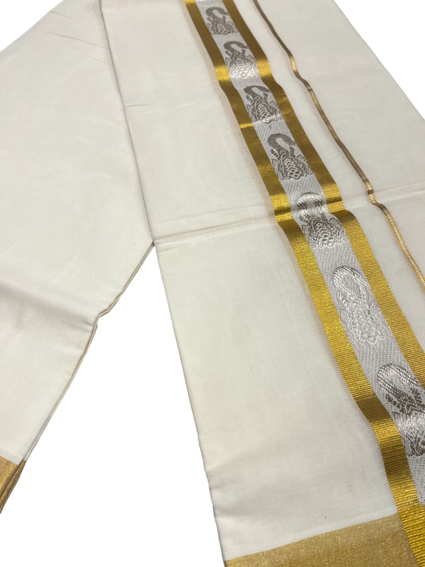 Southloom Premium Handloom Cotton Double Mundu with Gold And Silver Woven Work Kasavu Border