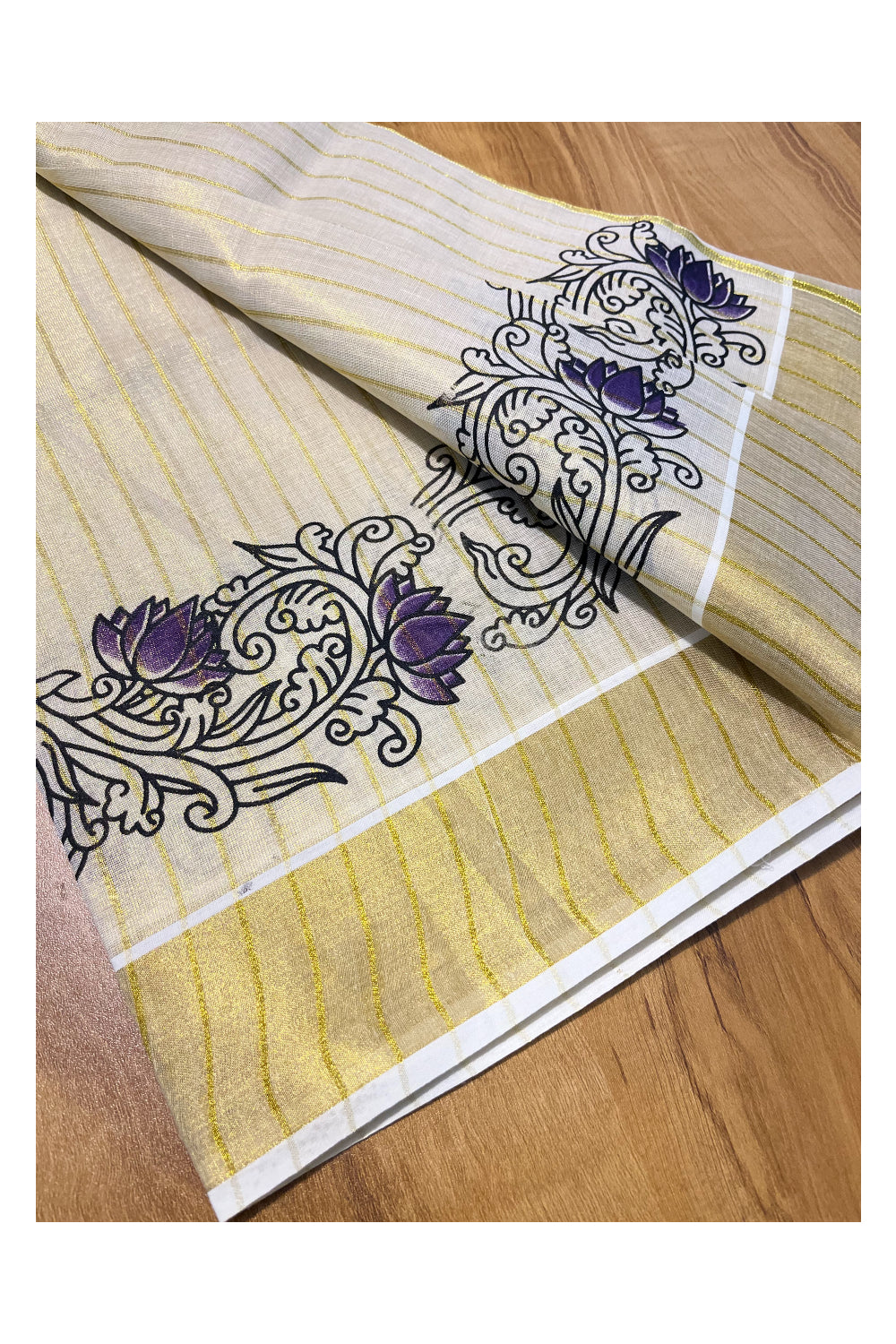 Kerala Tissue Single Set Mundu (Mundum Neriyathum) with Violet Lotus Block Printed Design 2.80Mtr