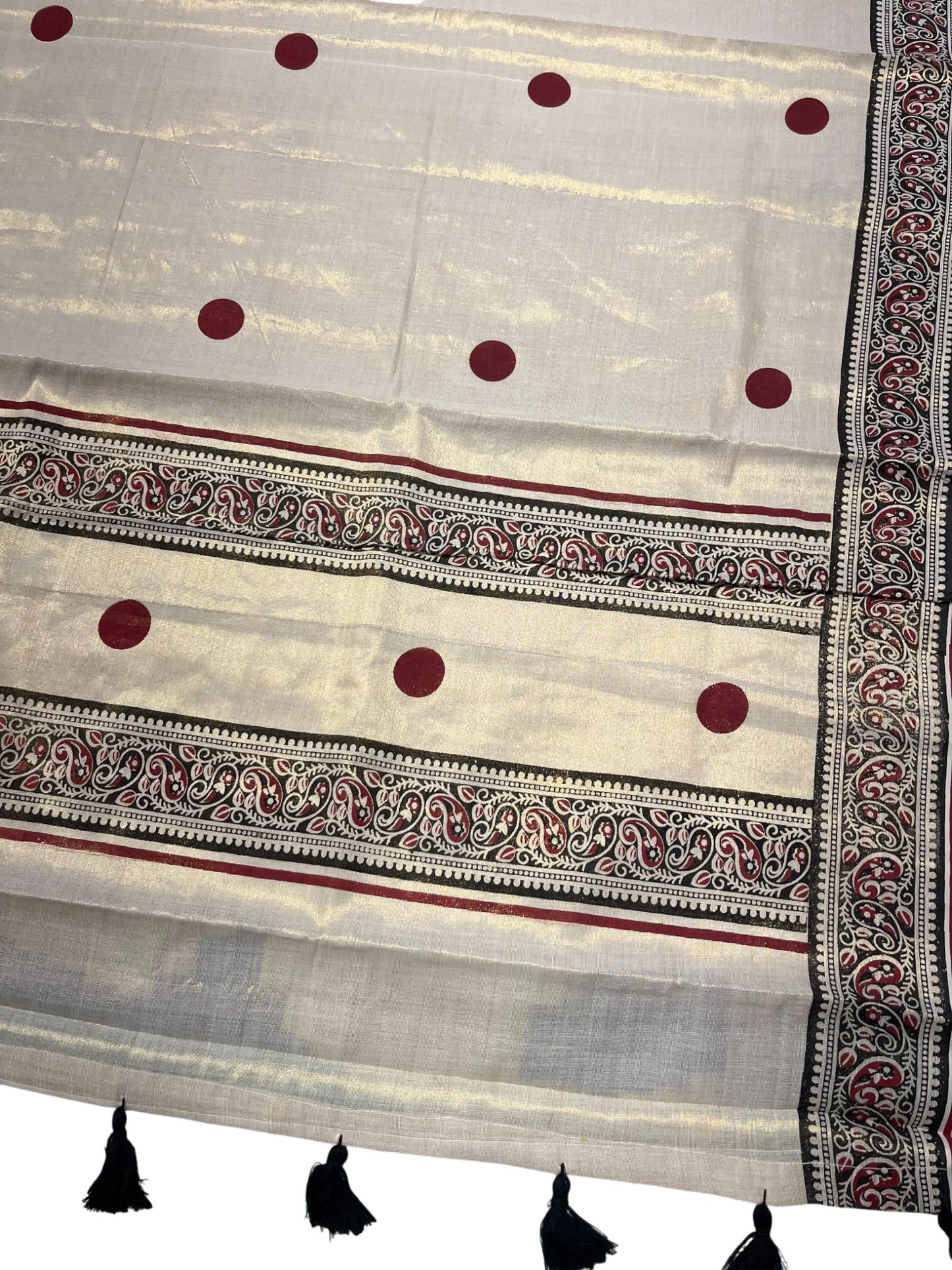 Southloom Kerala Tissue Kasavu Saree With Maroon Polka Dots on Body